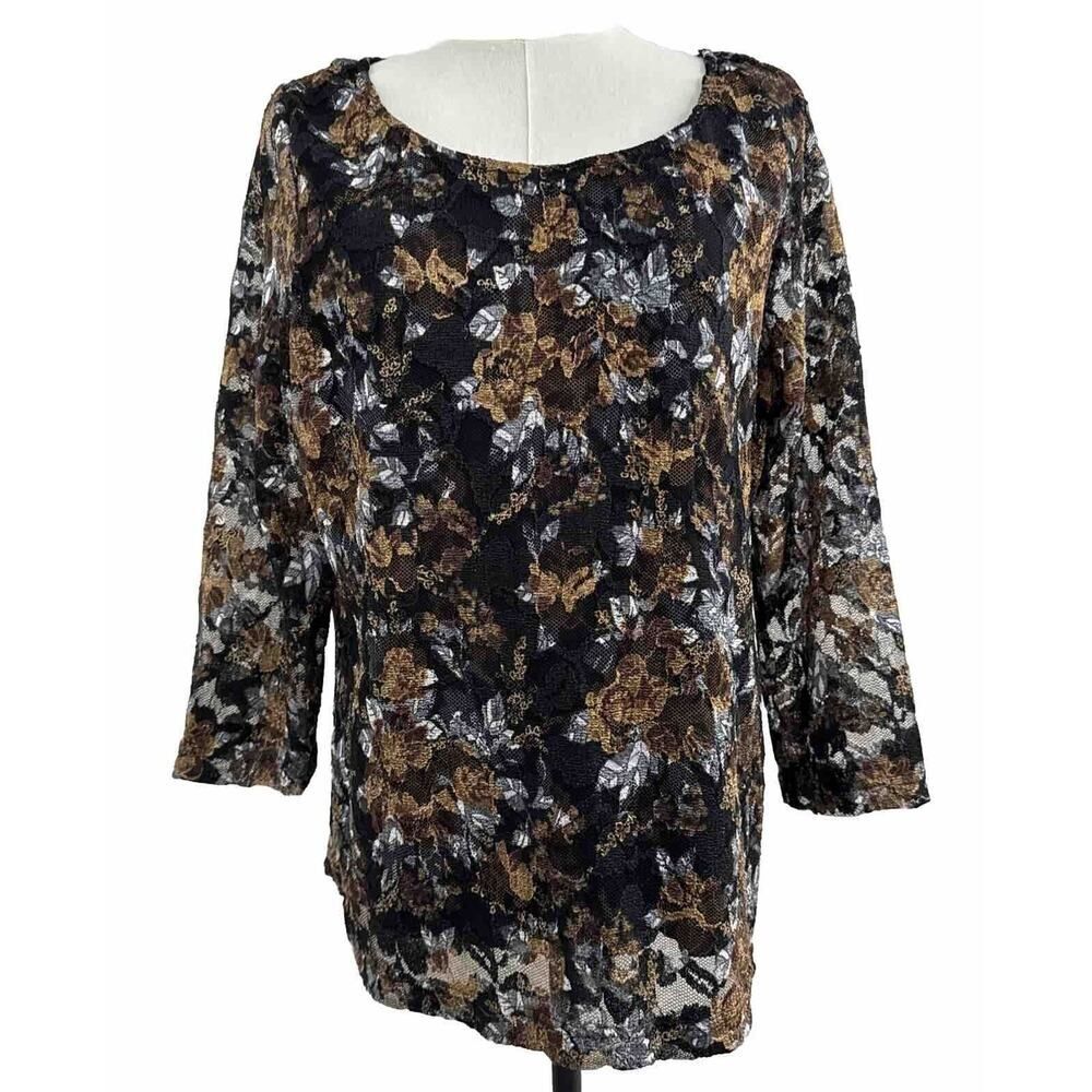 Vintage Lace Women’s Top Blouse Black Gold 3/4 Sleeve Stretch Size XL Rare